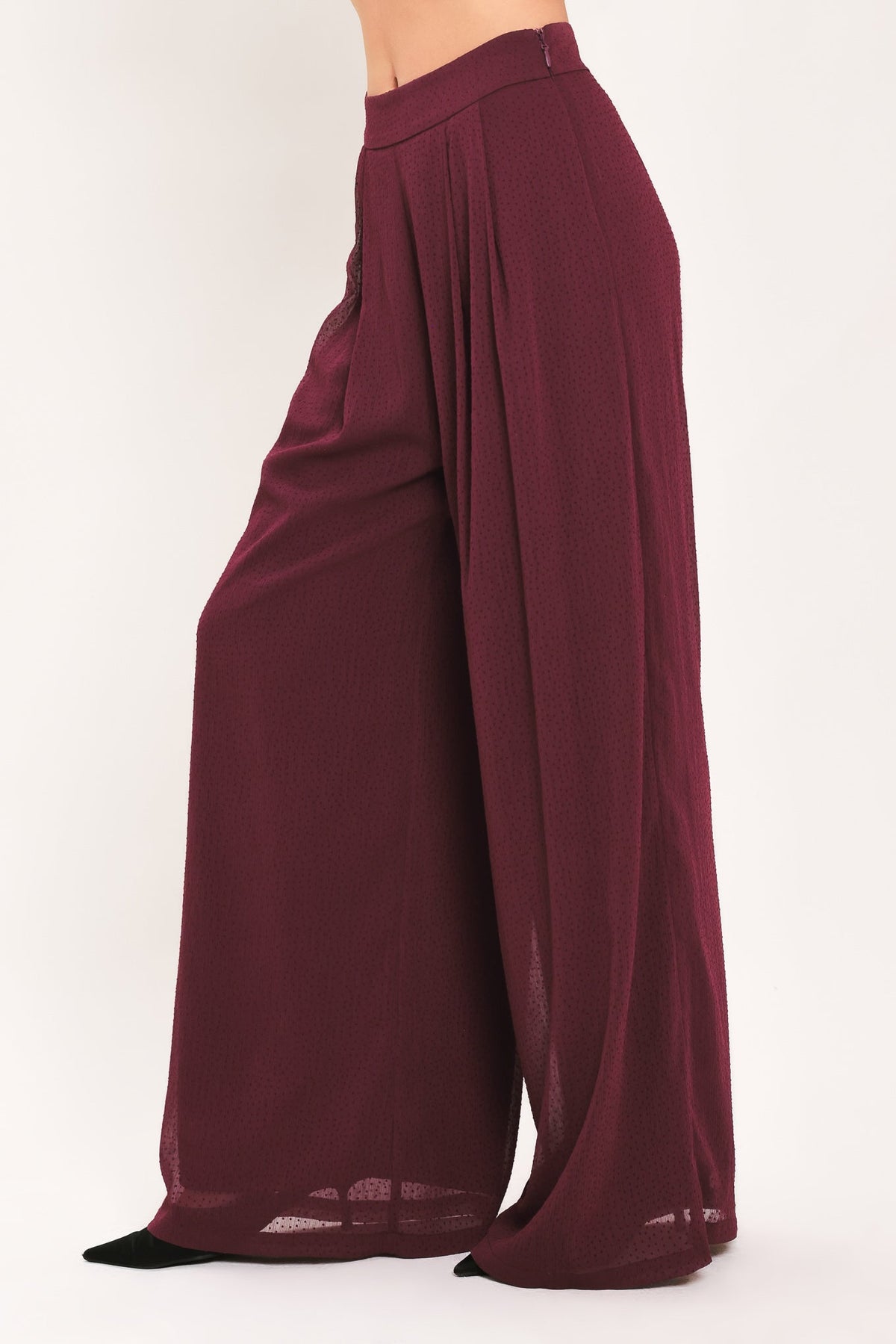 Bordeaux Sheer Drape Wide-Leg Pants
