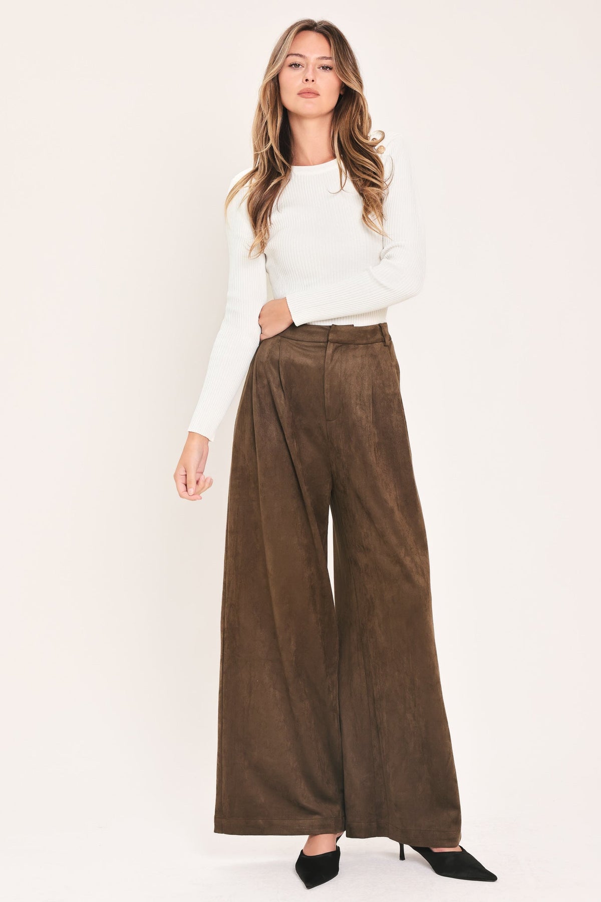 Desert Luxe Brown Faux Suede Wide-Leg Pants