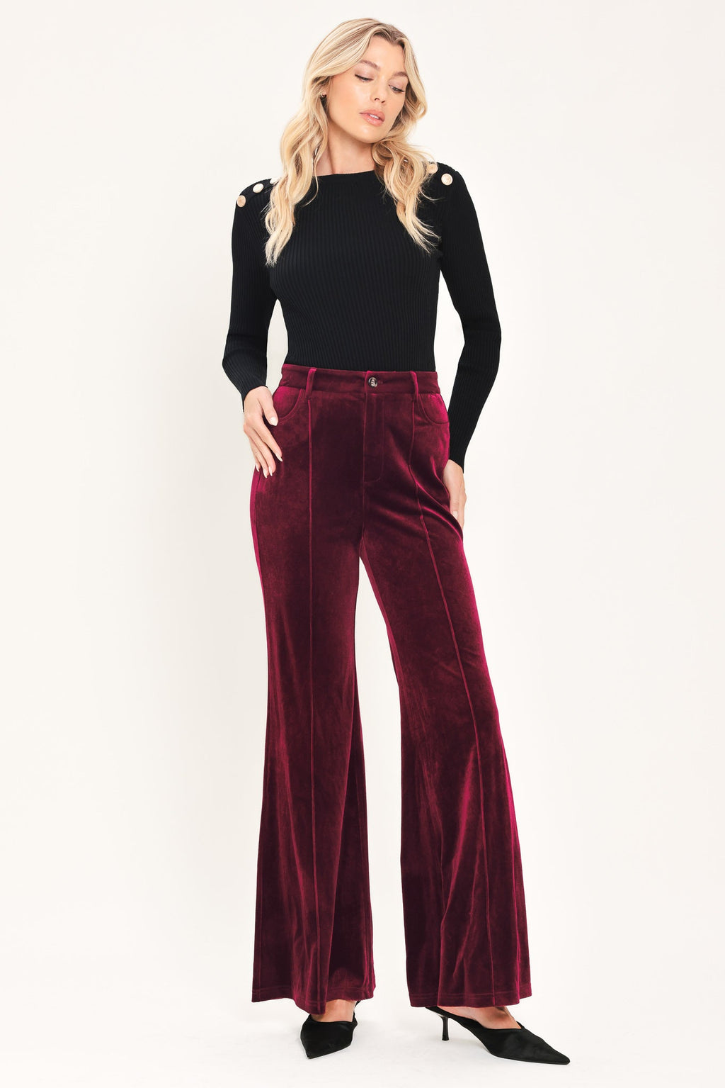 Bordeaux Edge Burgundy Velvet Flare Pants