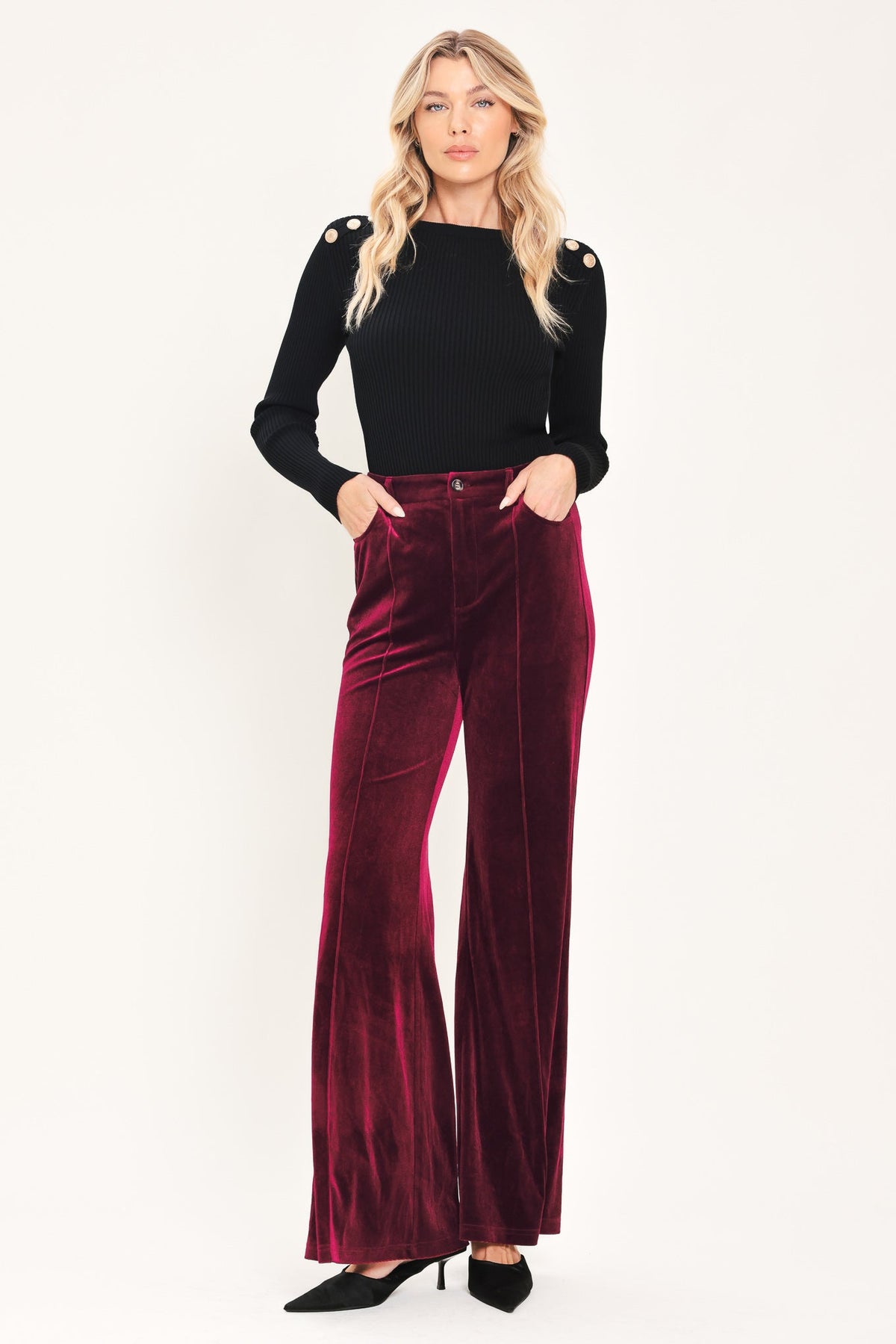 Bordeaux Edge Burgundy Velvet Flare Pants