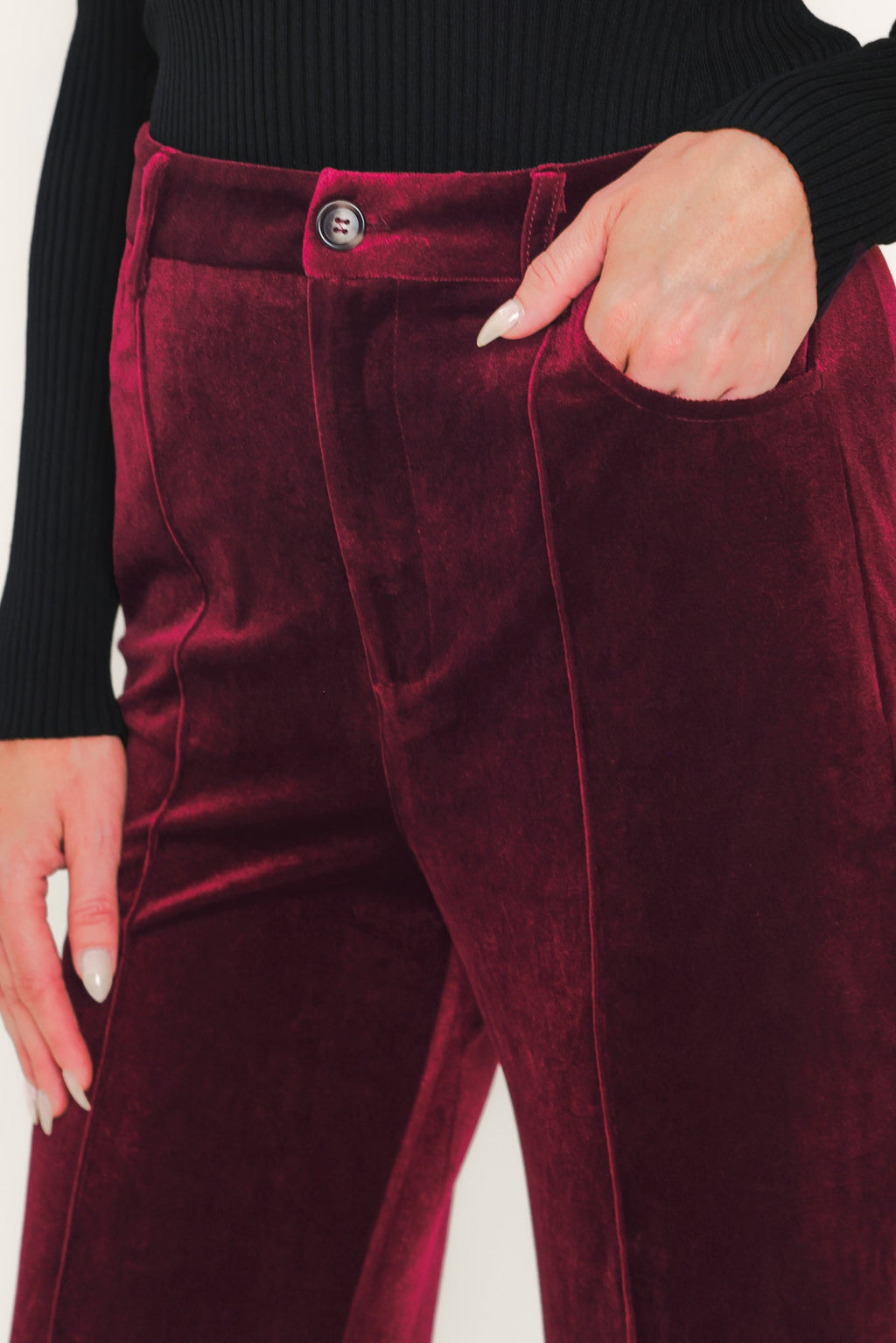 Bordeaux Edge Burgundy Velvet Flare Pants