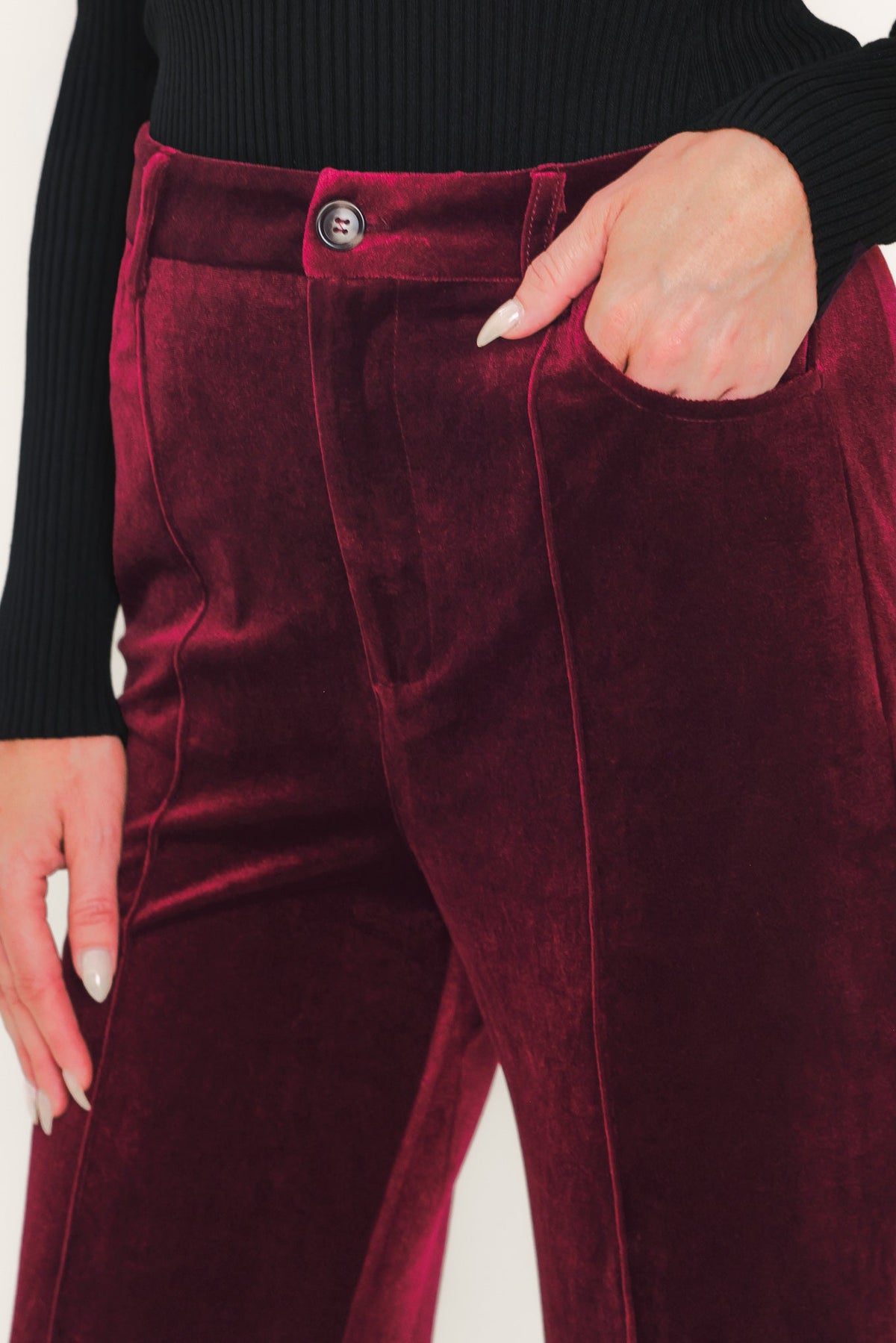 Bordeaux Edge Burgundy Velvet Flare Pants