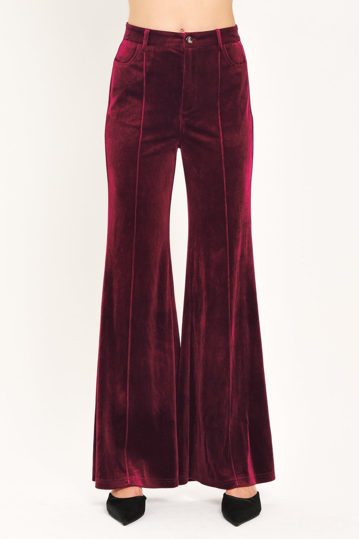 Bordeaux Edge Burgundy Velvet Flare Pants