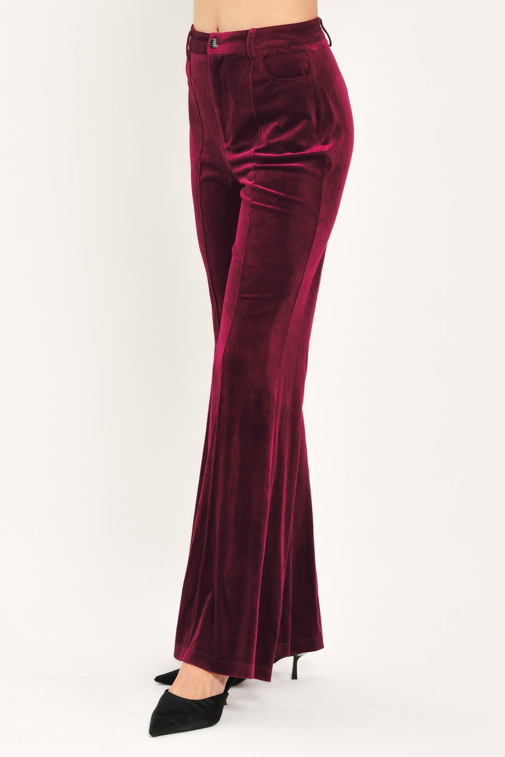 Bordeaux Edge Burgundy Velvet Flare Pants