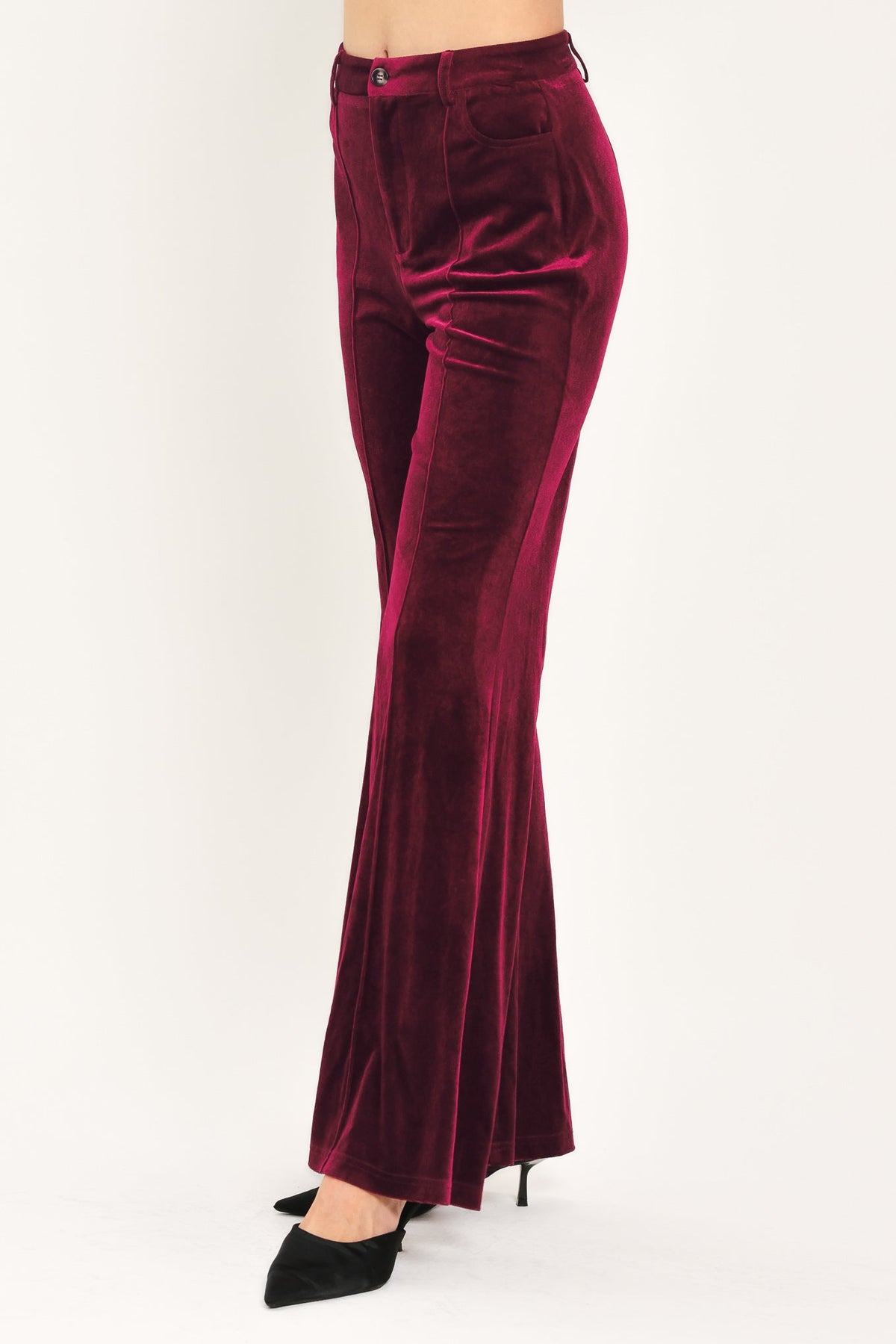 Bordeaux Edge Burgundy Velvet Flare Pants