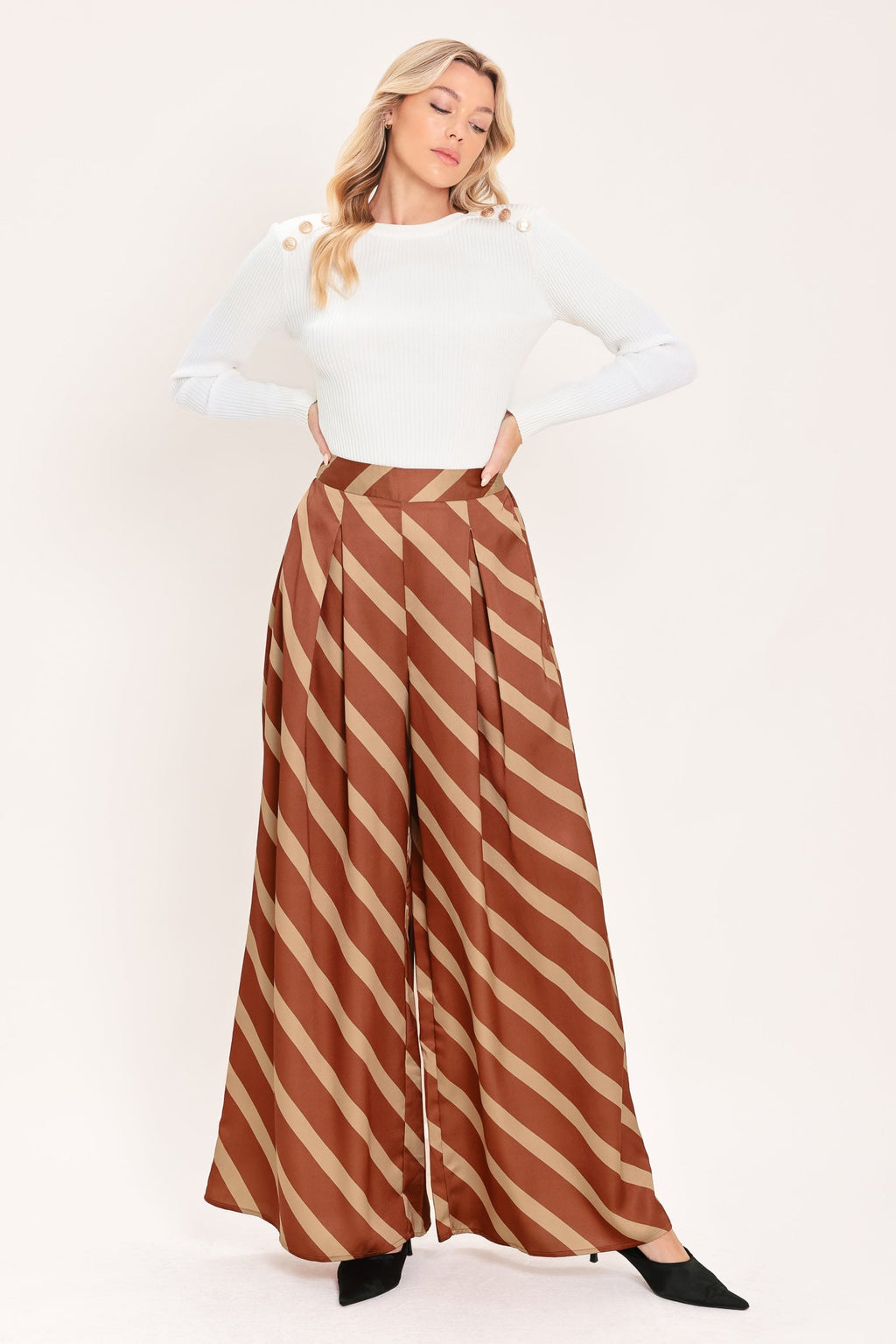 Toffee Diagonal Flow Wide-Leg Pants