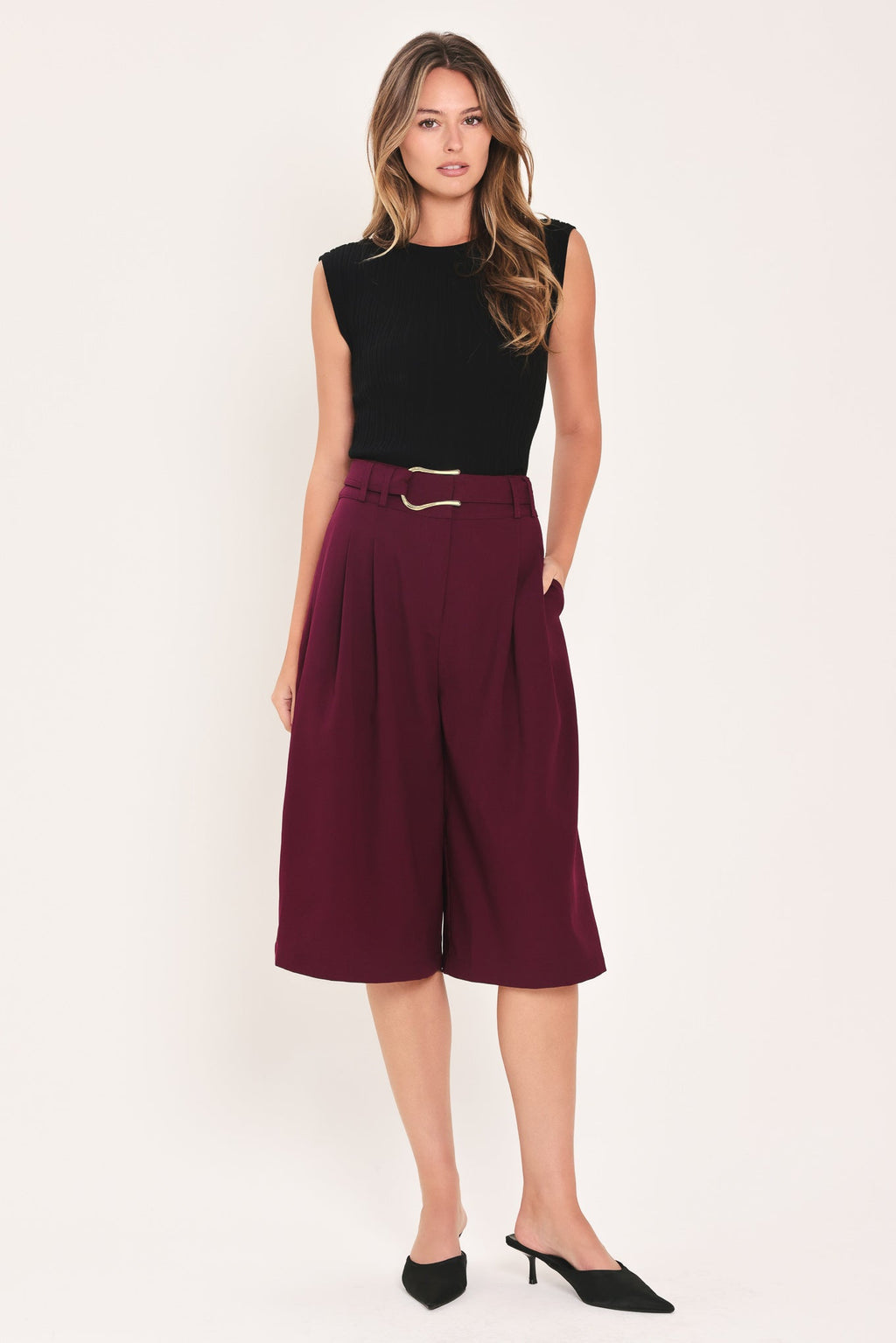 City Chic Buckle-Belted Culotte Pants