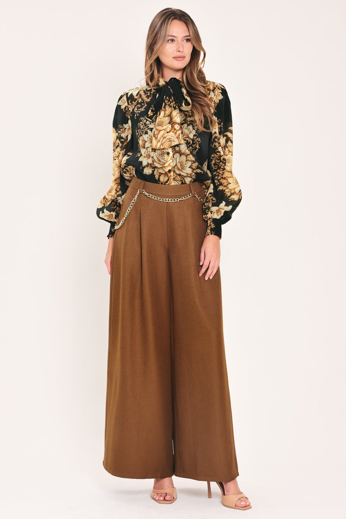 Uptown Moment Chain-Belted Wide-Leg Pants