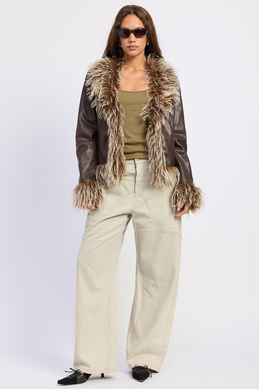 Brown Faux Leather Fur Trim Jacket
