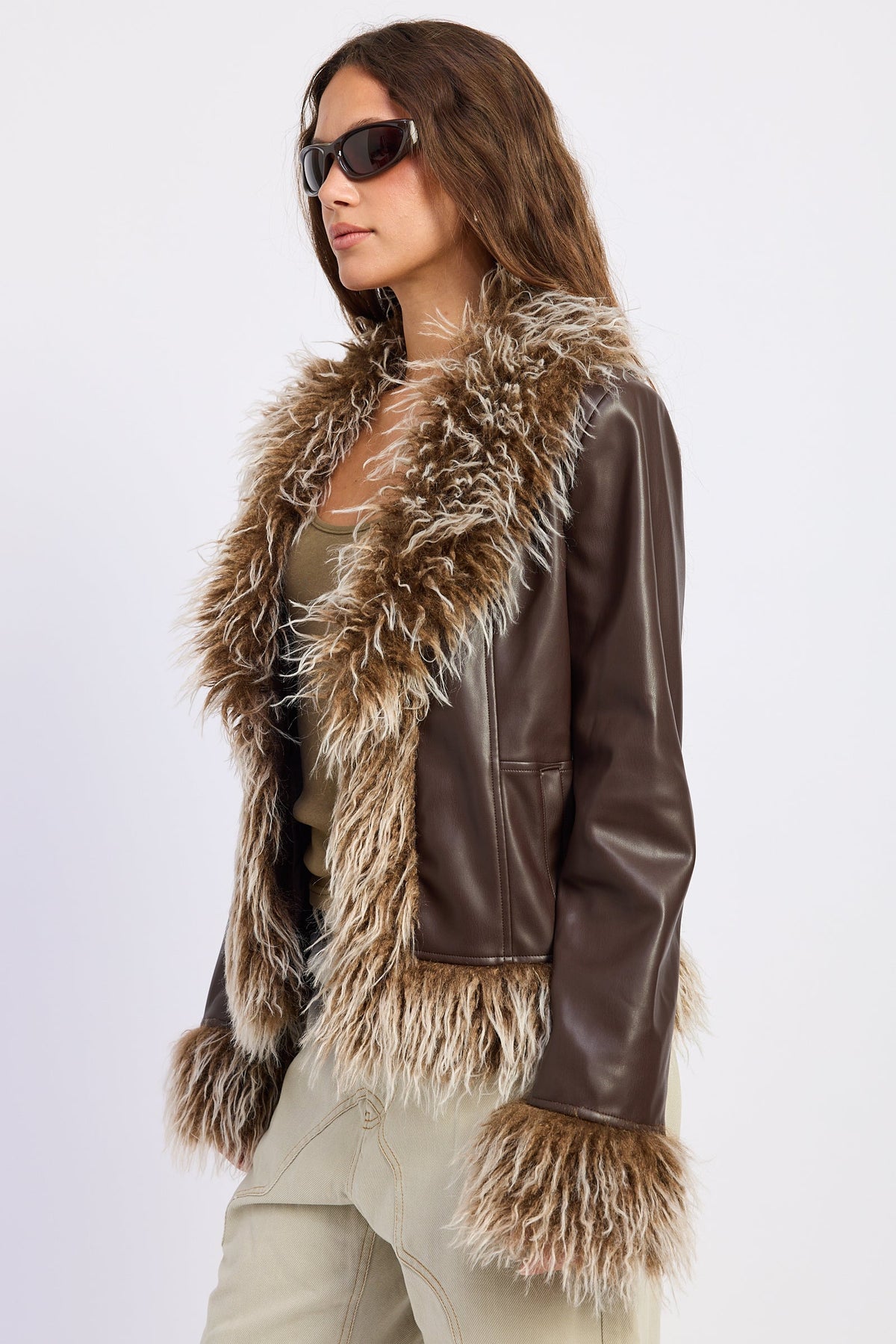 Brown Faux Leather Fur Trim Jacket
