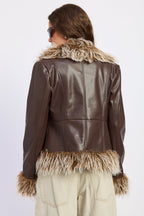 Brown Faux Leather Fur Trim Jacket