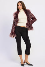 Burgundy Faux Leather Fur Trim Jacket
