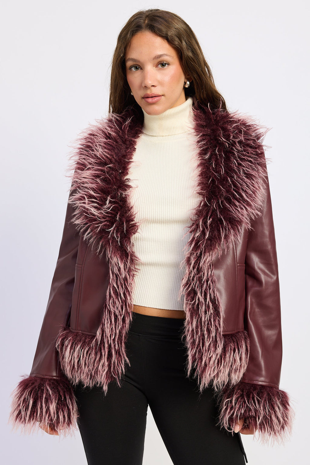 Burgundy Faux Leather Fur Trim Jacket