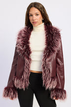 Burgundy Faux Leather Fur Trim Jacket