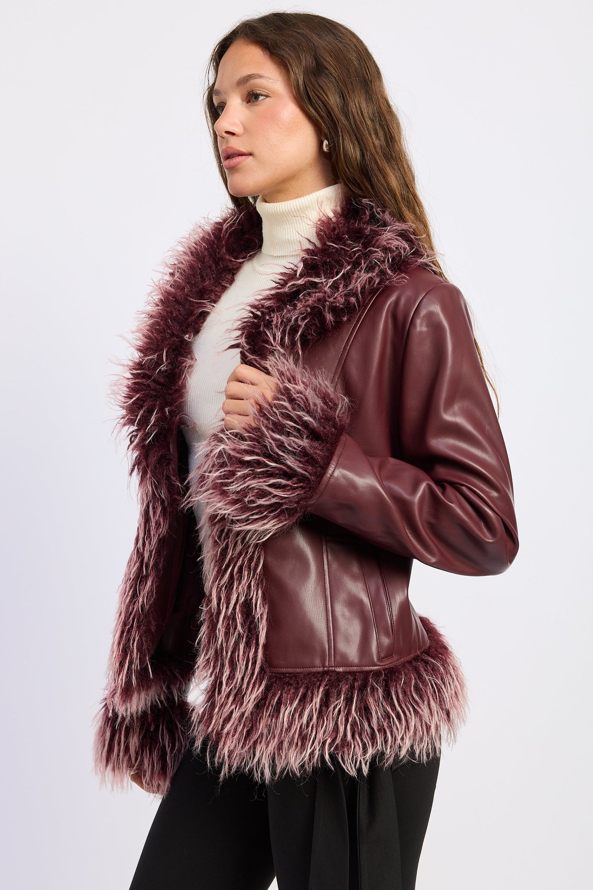 Burgundy Faux Leather Fur Trim Jacket