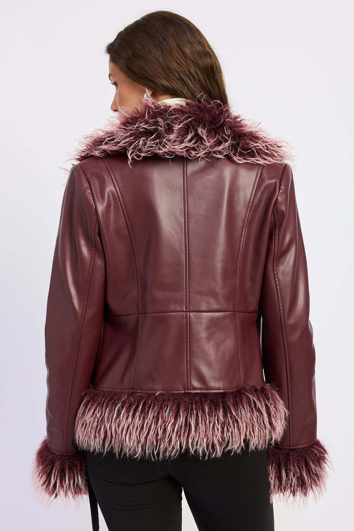 Burgundy Faux Leather Fur Trim Jacket