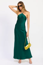 Midi Halter Satin Open Back Dress