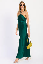 Midi Halter Satin Open Back Dress