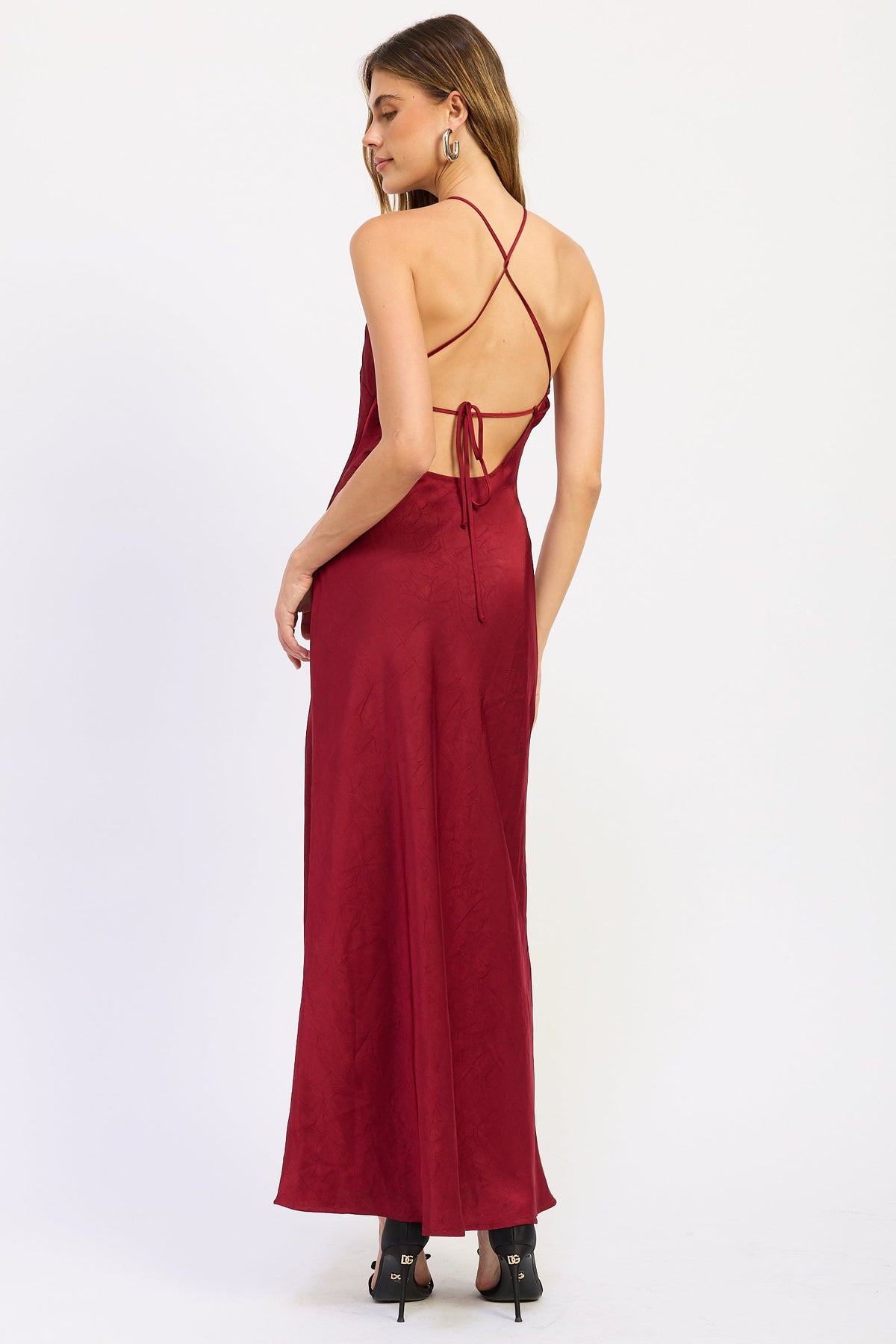 Midi Halter Satin Open Back Dress