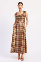Model wearing the Kathleen almond plaid midi dress with a square neckline, ruffled straps, and a flared skirt.