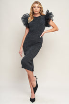 VOLUMINOUS POWER METALLIC MIDI DRESS