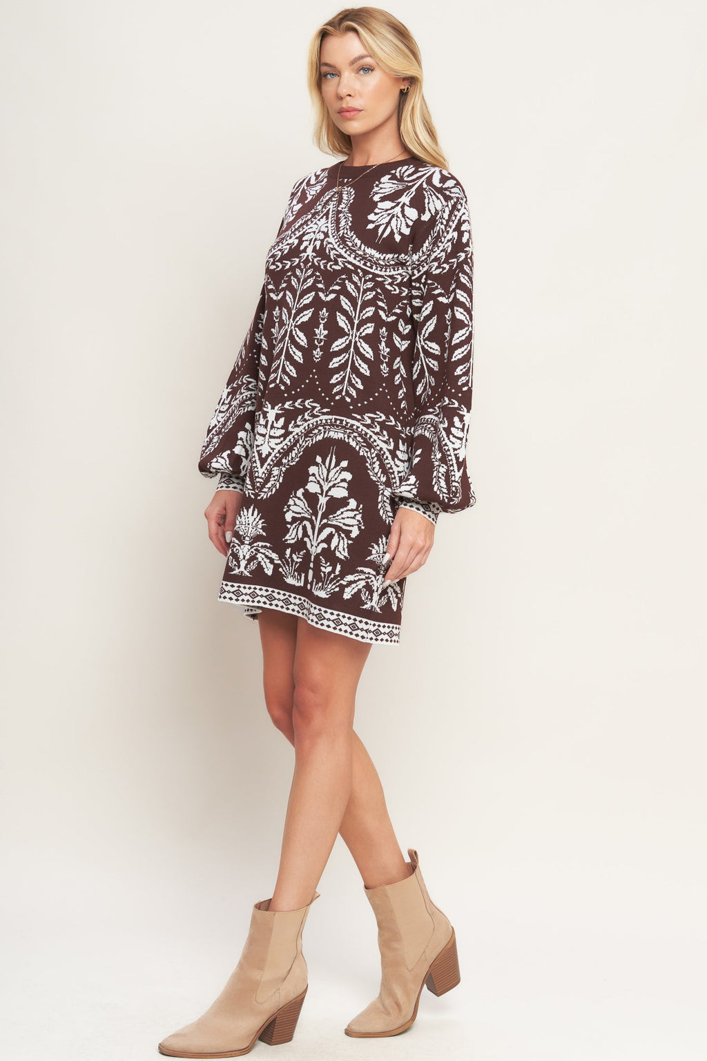BROWN TAPESTRY SWEATER KNIT MINI DRESS