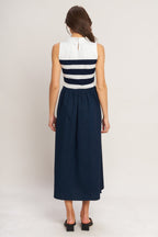 STRIPE ELEGANCE SWEATER WOVEN MIDI DRESS