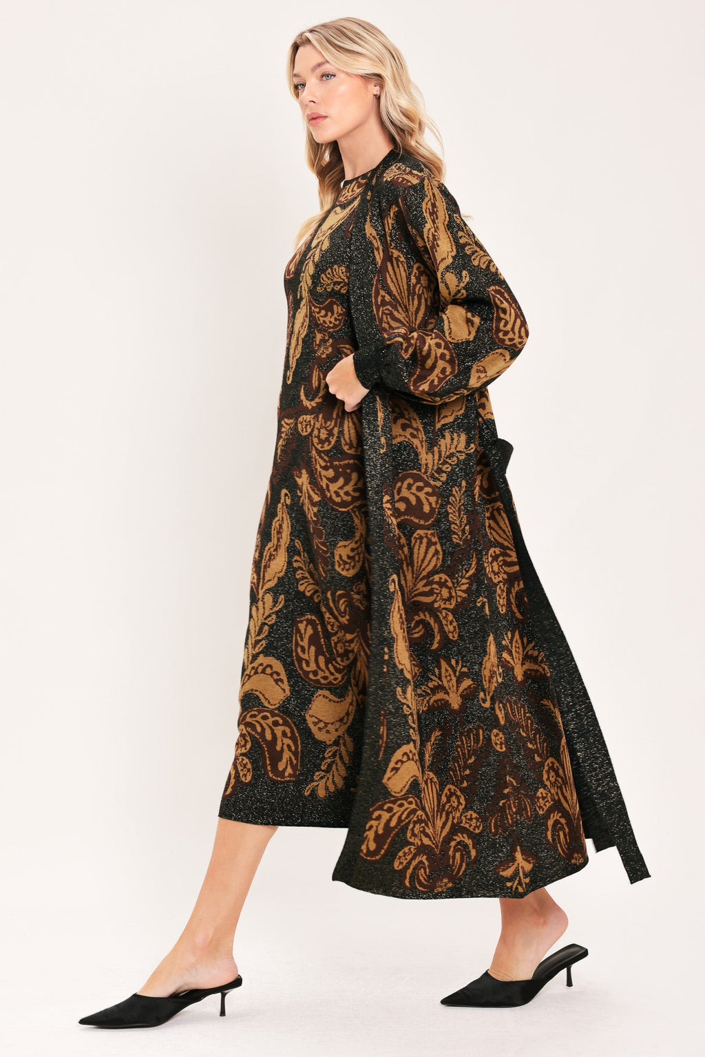 Vintage Garden Jacquard Sweater Knit Midi Cardigan