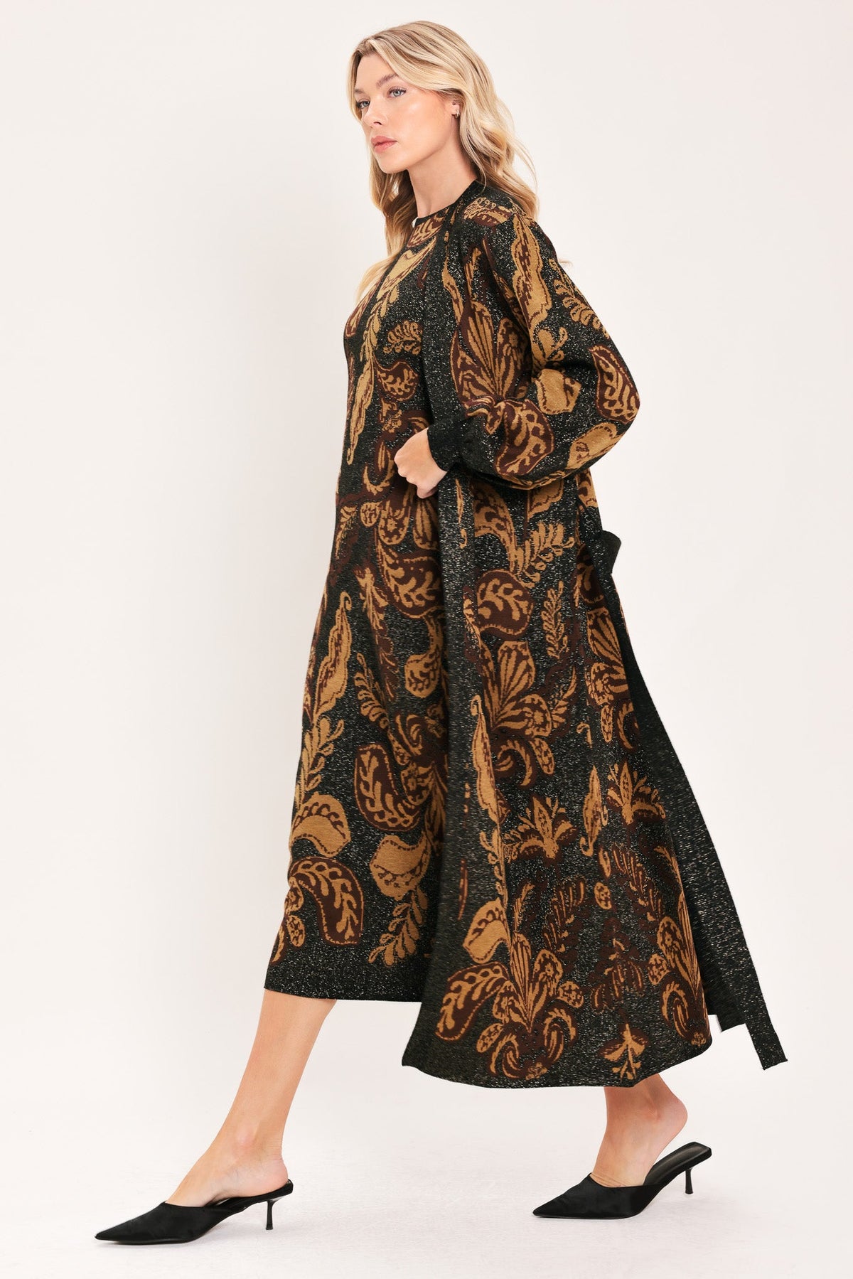 Vintage Garden Jacquard Sweater Knit Midi Cardigan