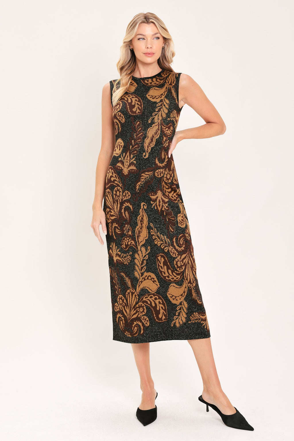Vintage Garden Jacquard Sweater Knit Midi Dress
