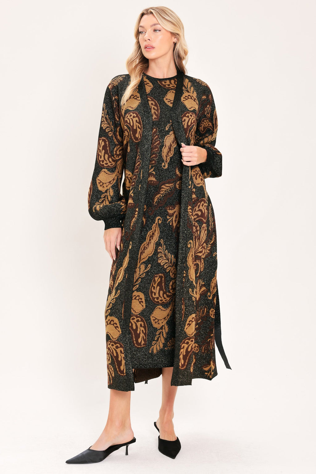 Vintage Garden Jacquard Sweater Knit Midi Dress