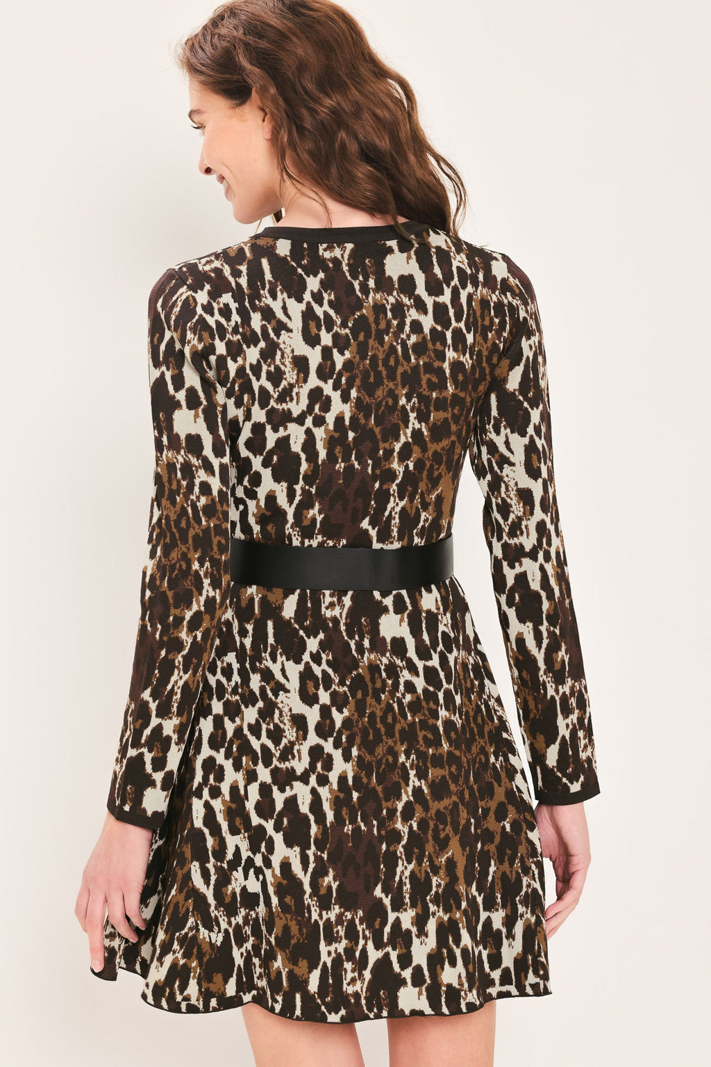 Wildly Polished Leopard Belted Sweater Mini Dress