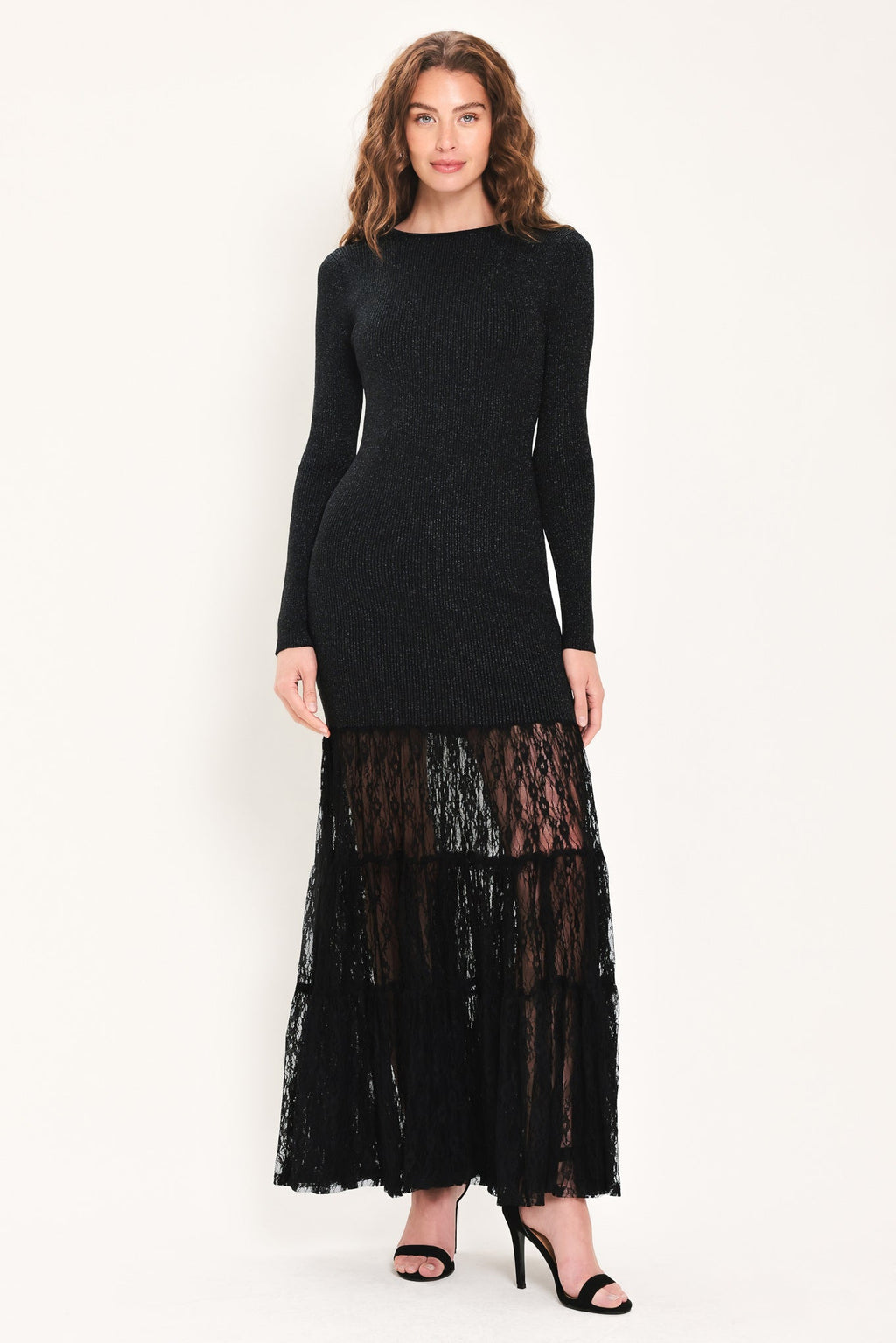 Midnight Shimmer Black Metallic Lace-Hem Sweater Maxi Dress