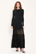 Midnight Shimmer Black Metallic Lace-Hem Sweater Maxi Dress