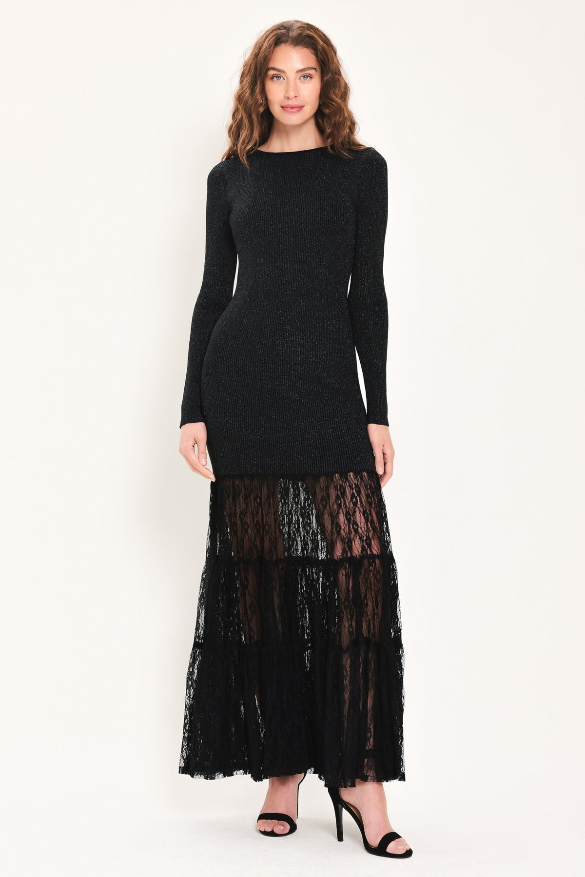 Midnight Shimmer Black Metallic Lace-Hem Sweater Maxi Dress