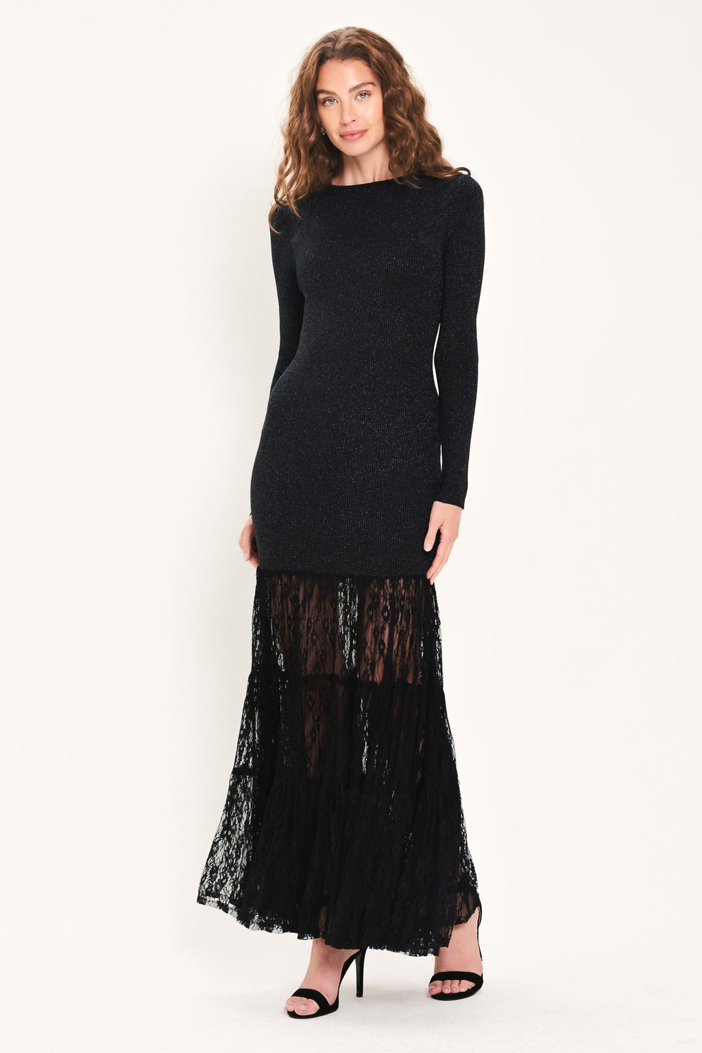 Midnight Shimmer Black Metallic Lace-Hem Sweater Maxi Dress