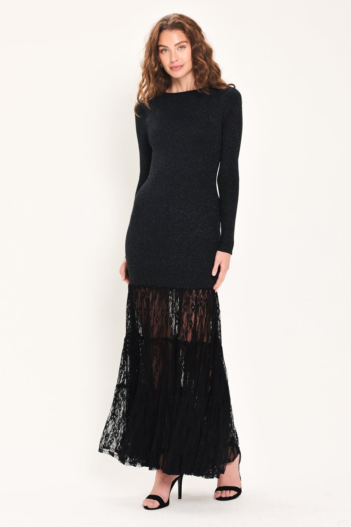 Midnight Shimmer Black Metallic Lace-Hem Sweater Maxi Dress