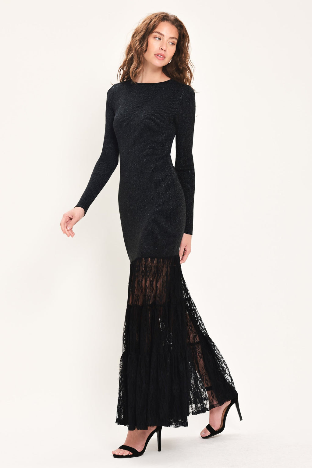 Midnight Shimmer Black Metallic Lace-Hem Sweater Maxi Dress