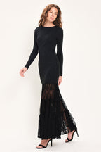 Midnight Shimmer Black Metallic Lace-Hem Sweater Maxi Dress