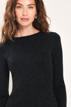 Midnight Shimmer Black Metallic Lace-Hem Sweater Maxi Dress