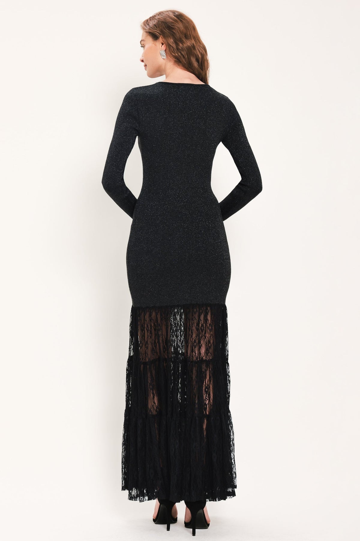 Midnight Shimmer Black Metallic Lace-Hem Sweater Maxi Dress