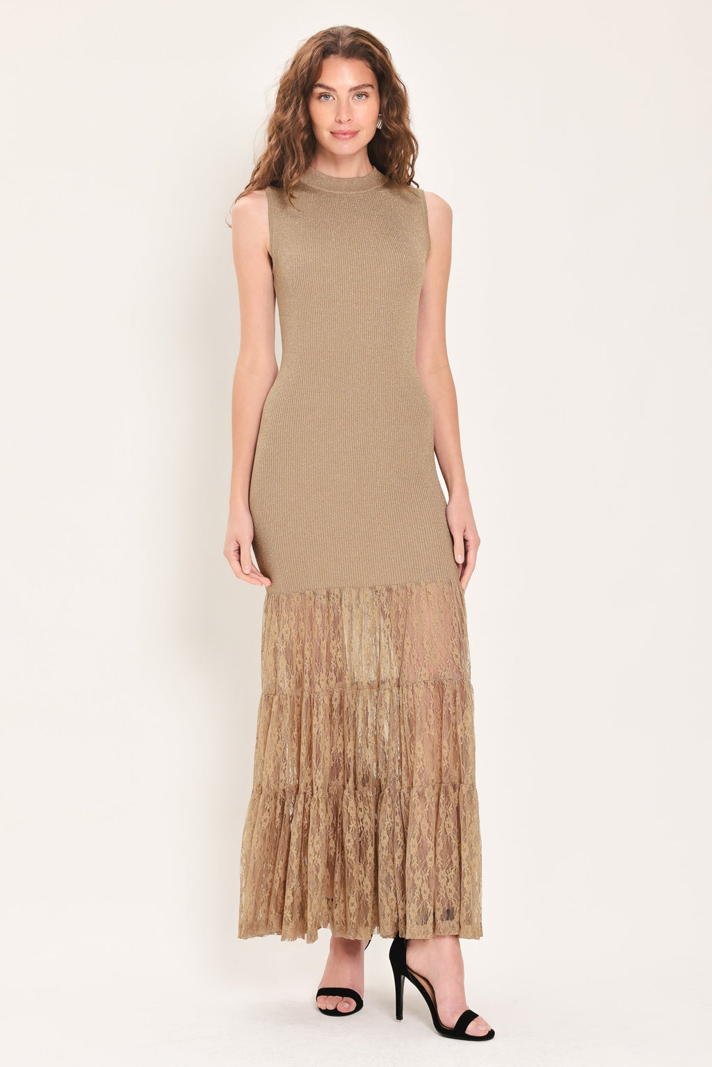 Gilded Grace Gold Metallic Lace-Tier Sweater Maxi Dress
