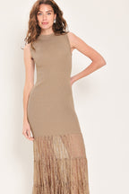 Gilded Grace Gold Metallic Lace-Tier Sweater Maxi Dress