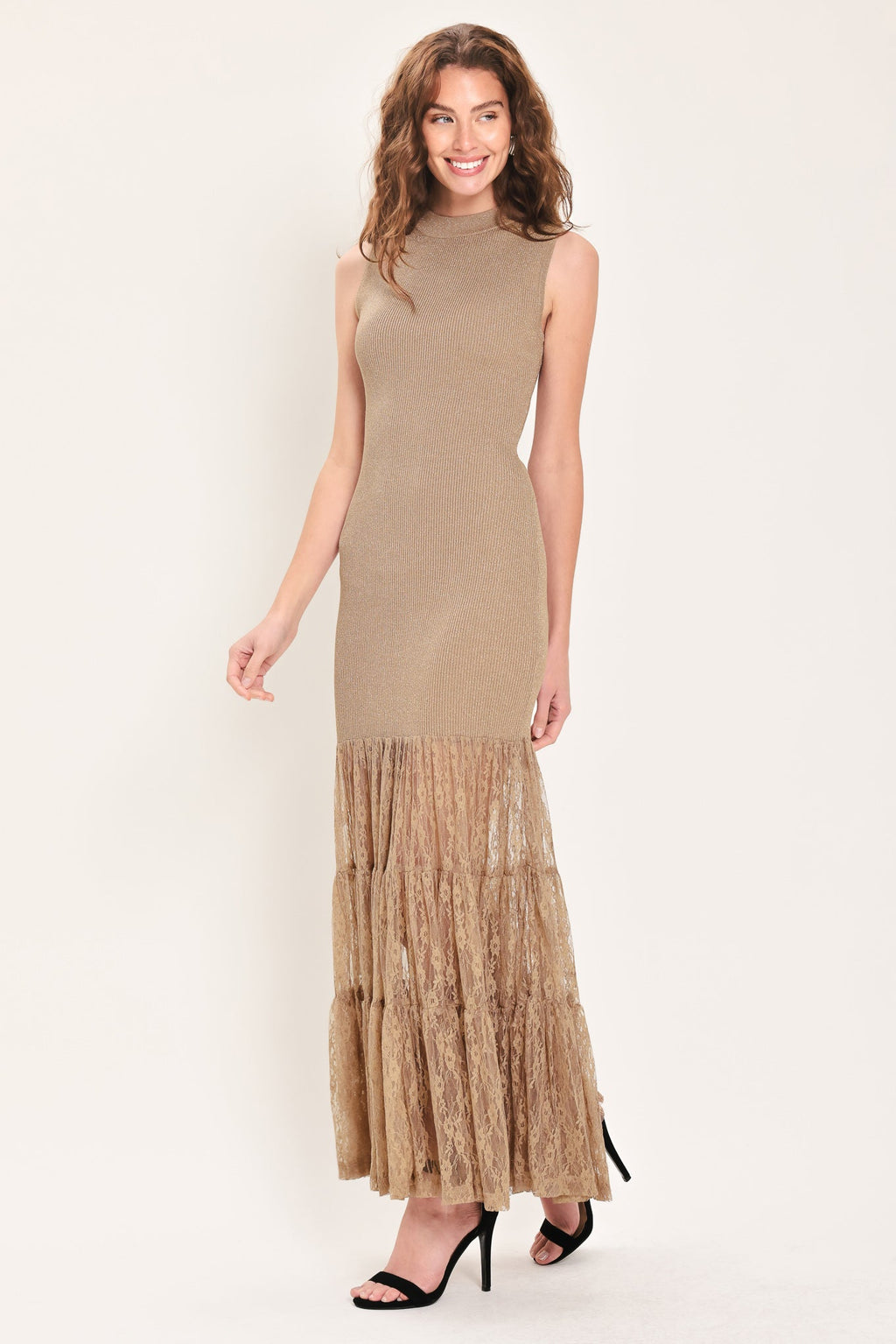 Gilded Grace Gold Metallic Lace-Tier Sweater Maxi Dress