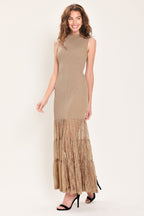 Gilded Grace Gold Metallic Lace-Tier Sweater Maxi Dress