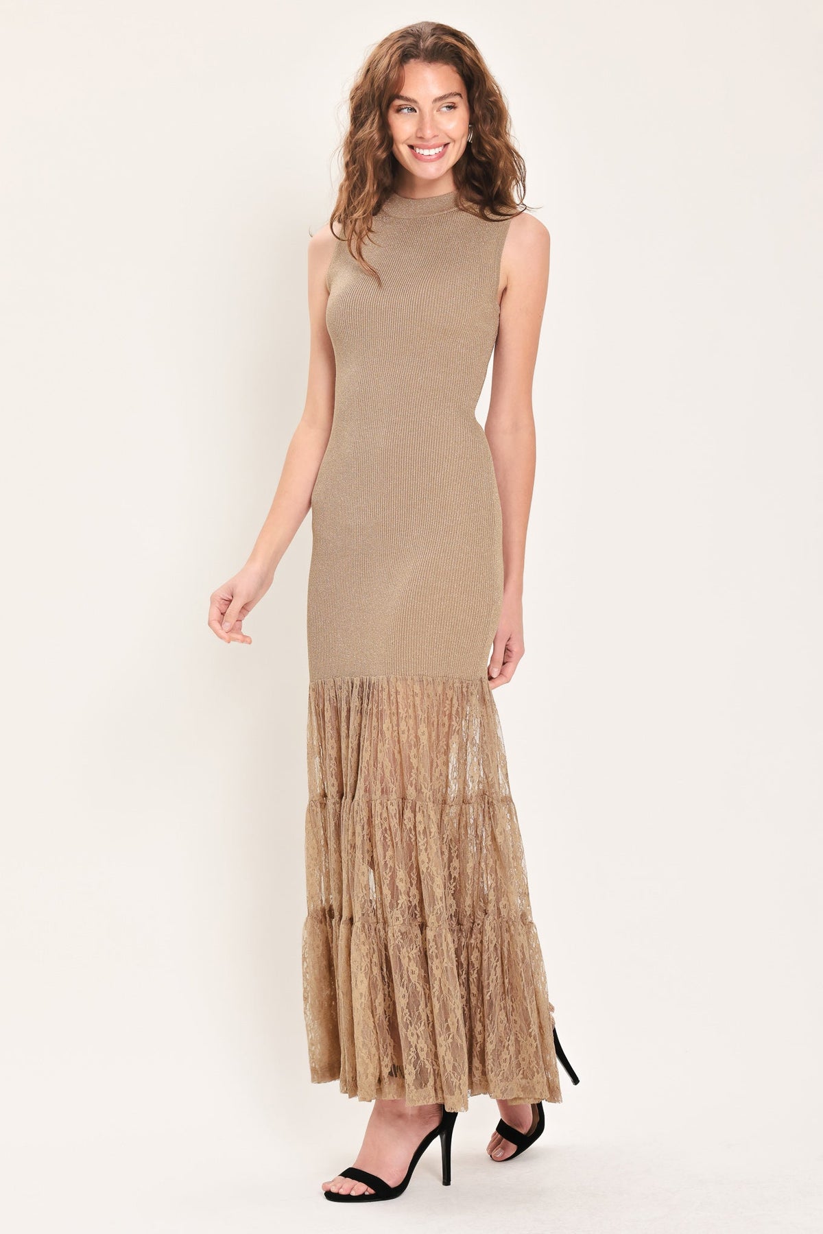 Gilded Grace Gold Metallic Lace-Tier Sweater Maxi Dress