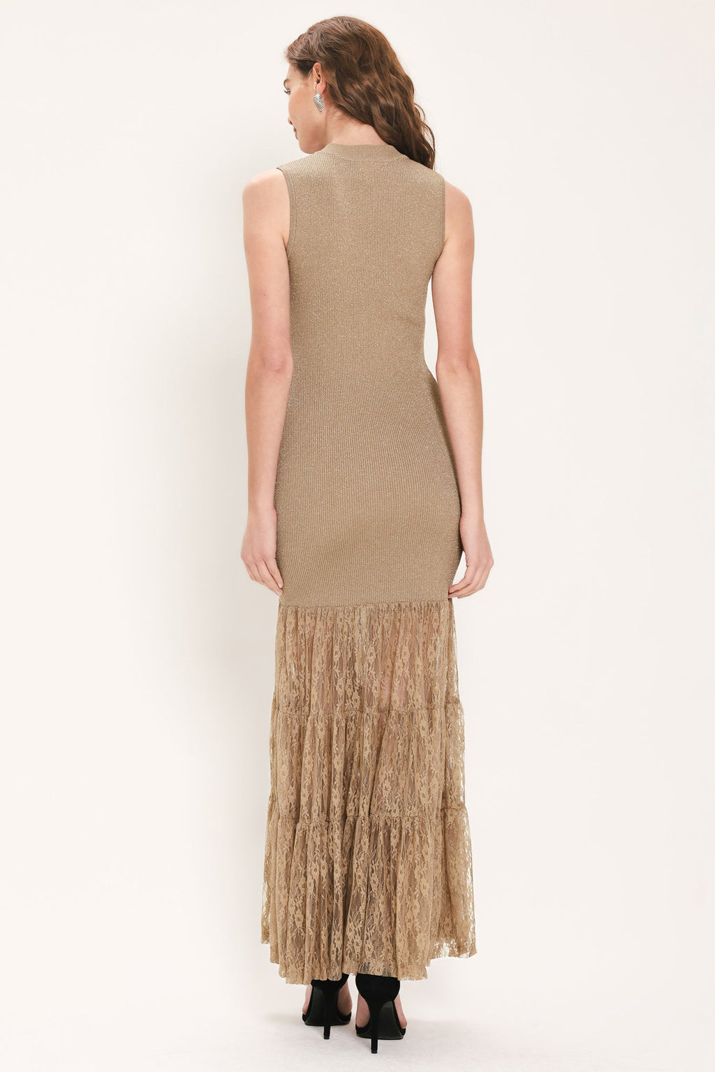 Gilded Grace Gold Metallic Lace-Tier Sweater Maxi Dress