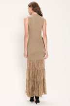 Gilded Grace Gold Metallic Lace-Tier Sweater Maxi Dress