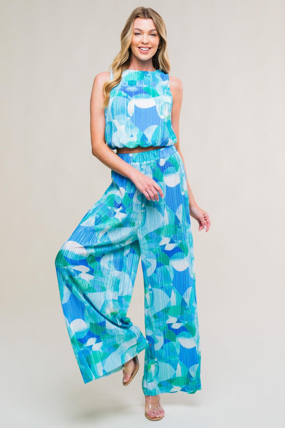 Maritime Muse Woven Plisse Top And Pant Set