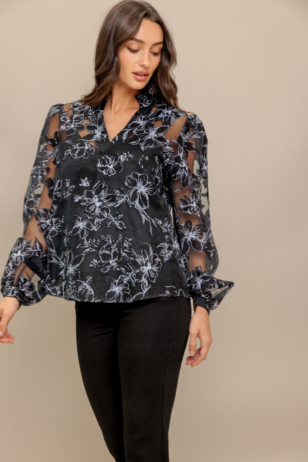 A woven organza top featuring high neckline with V center, long sleeve and cami